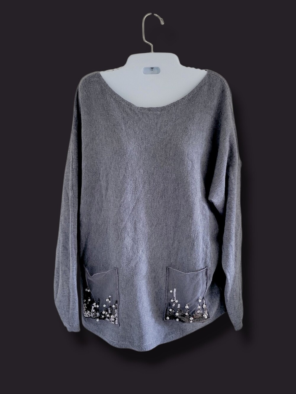 Picadilly | NWT Gray Long Sleeve Knit Sequin Embellished Pocket Sweater (SIZE S)